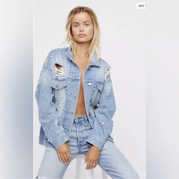 Free people - oversized Sunday funday pearl denim jacket - Picture 2 of 8